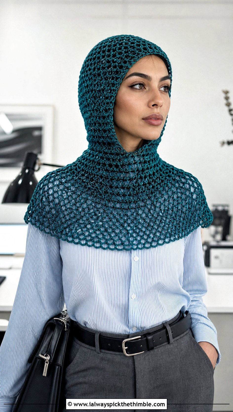 Crochet Chainmail Knight Hood With Tailored Trousers - 15 Knight Crochet Hat outfit ideas