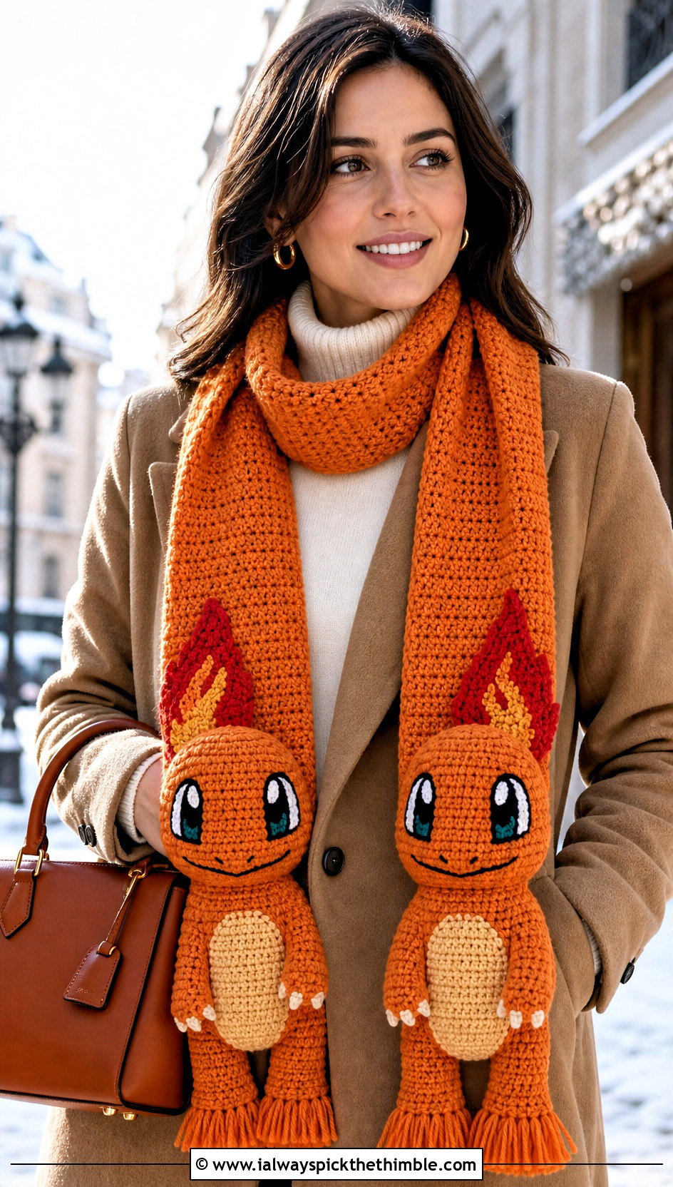 Crochet Charmander Tassel Scarf With Camel Coat - 20 Crochet Pokemon Scarf outfit ideas