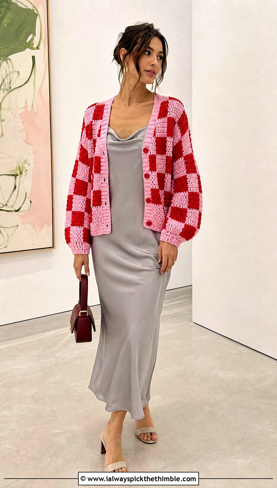 Crochet Checker Cardigan Sweater With Slip Dress - 20 Crochet Checker Sweater outfit ideas