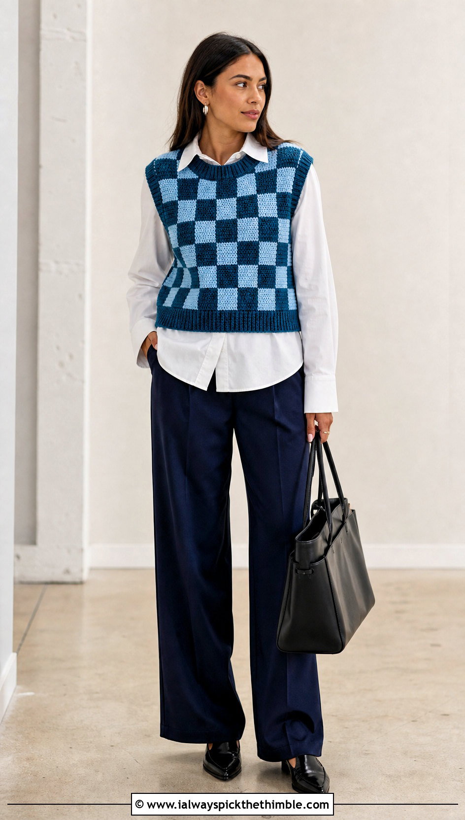 Crochet Checker Sweater Vest With Tailored Trousers - 20 Crochet Checker Sweater outfit ideas