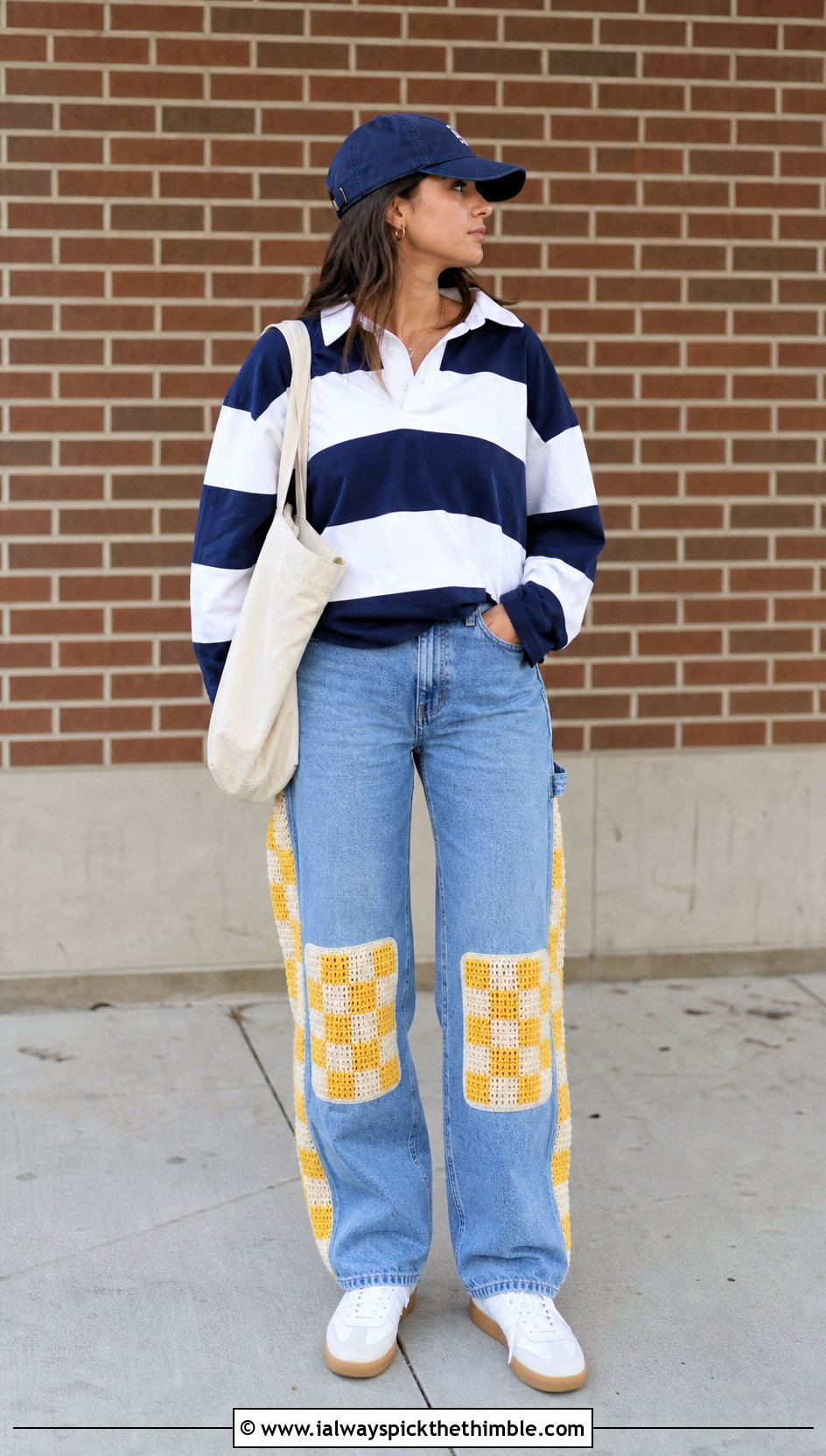 Crochet Checkerboard Panel Carpenter Jeans With Rugby Shirt - 20 crochet denim pants outfit ideas