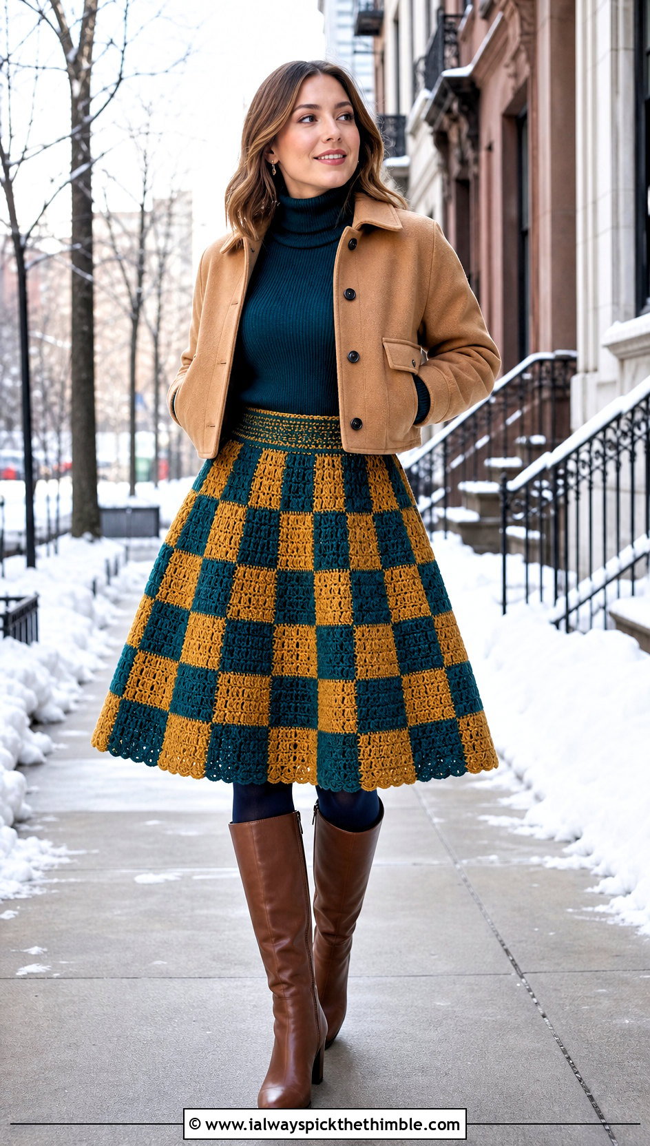 Crochet Checkered Circle Skirt With Turtleneck - 20 crochet checkered skirt outfit ideas