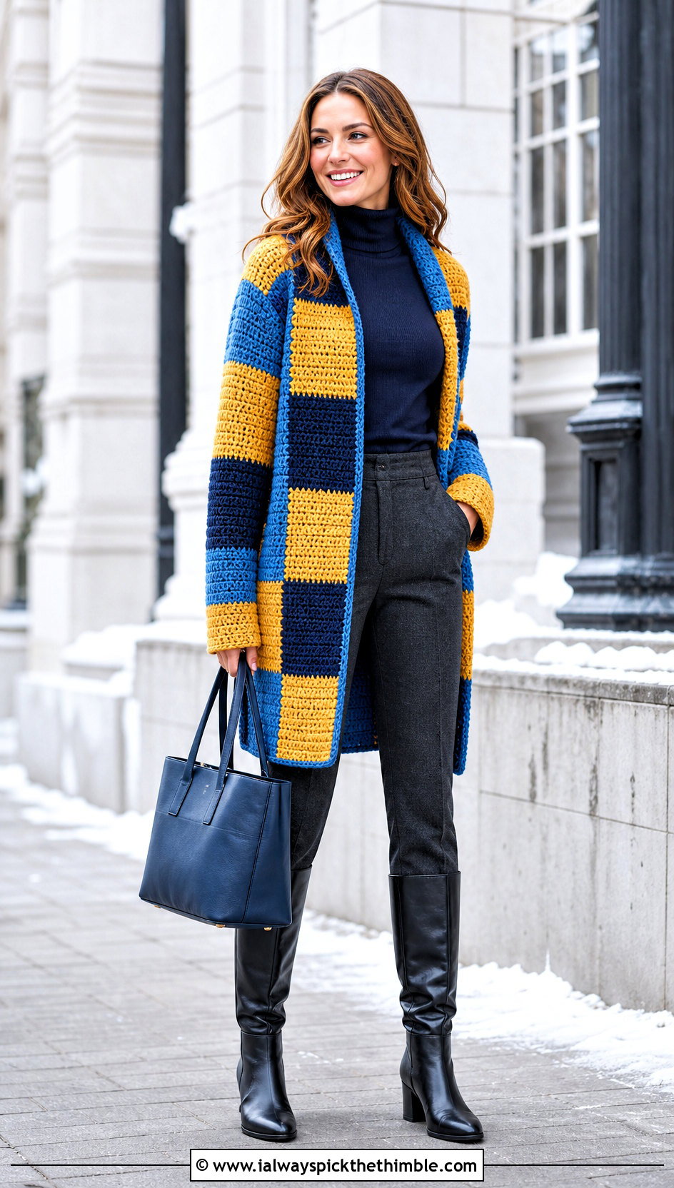 Crochet Checkered Coatigan With Turtleneck And Boots - 25 crochet checkered cardigan outfit ideas