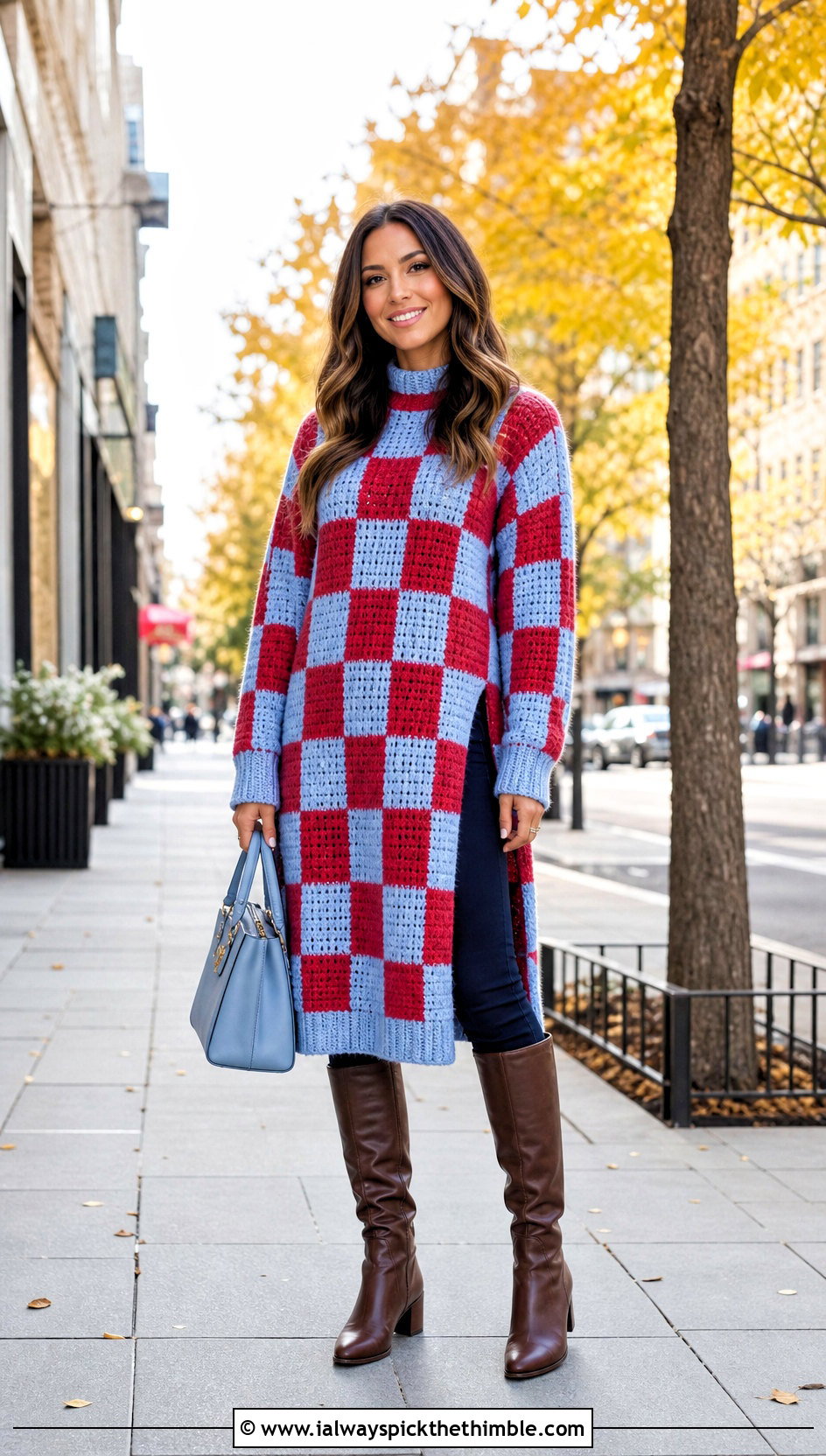 Crochet Checkered Tunic Sweater With Slim Pants - 20 crochet checkered sweater outfit ideas