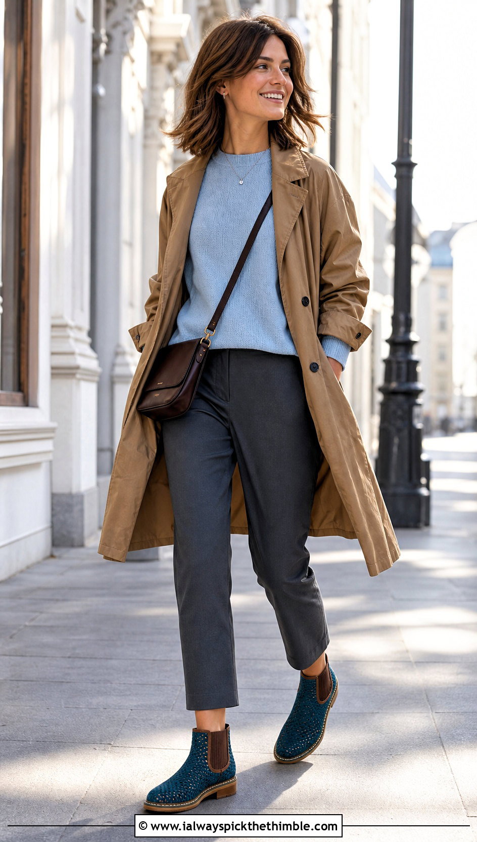 Crochet Chelsea Boots With Cropped Trousers And Trench Coat - 15 Blue And Brown Crochet Boots outfit ideas