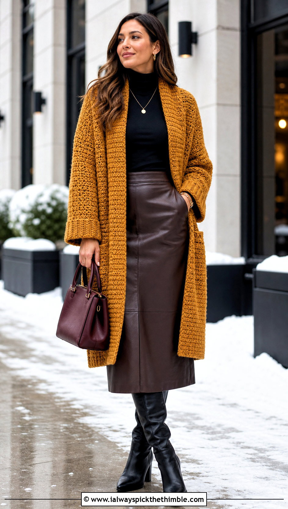 Crochet Chenille Coatigan With Turtleneck And Leather Midi Skirt - 20 crochet chenille cardigan outfit ideas
