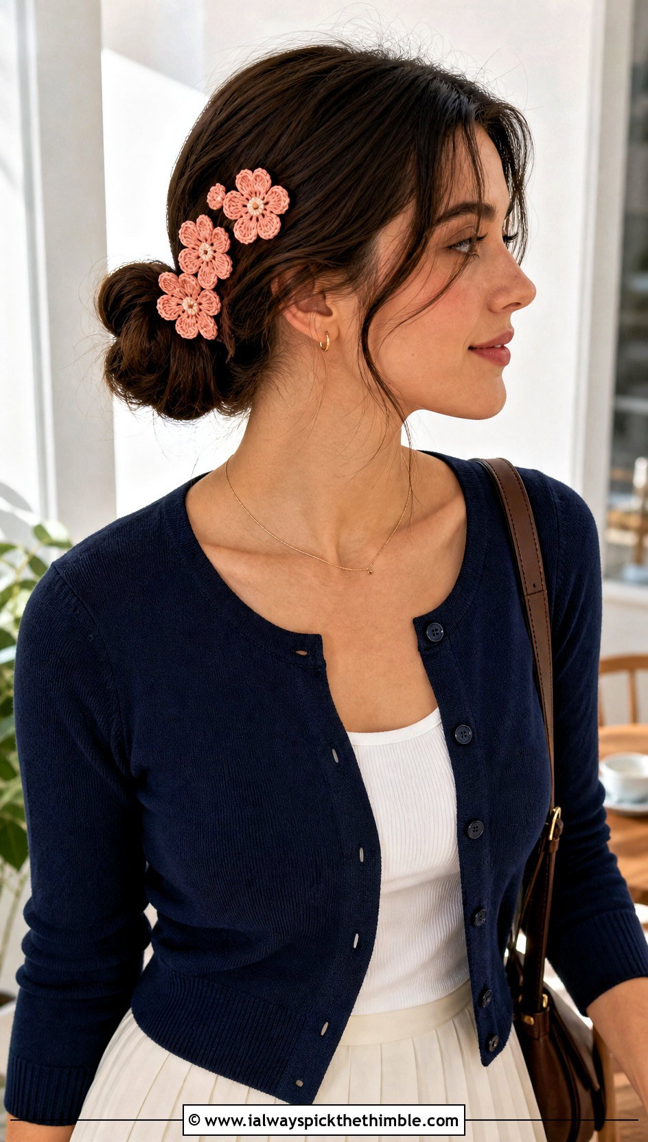 Crochet Cherry Blossom Hair Pins With Cardigan - 20 Crochet Flower Outfit ideas