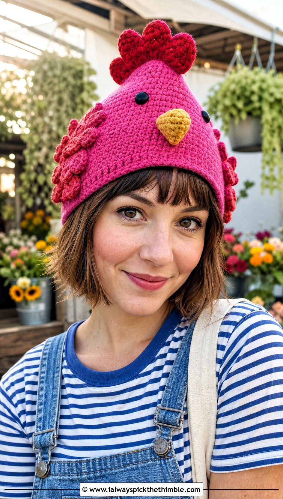 Crochet Chicken Hat With Denim Overalls - 20 Crochet Character Hat outfit ideas
