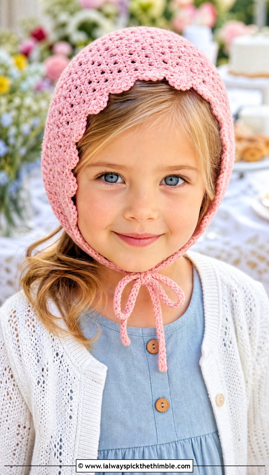 Crochet Childs Bonnet With Linen Romper - 20 crochet childs hat outfit ideas