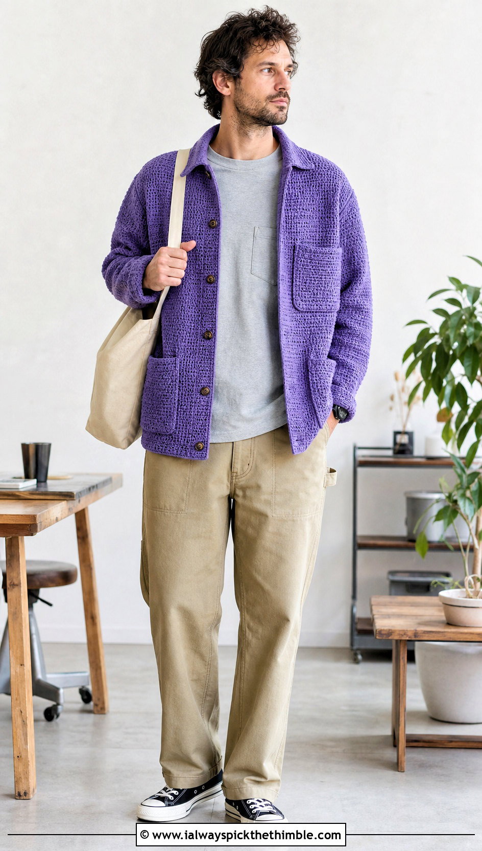 Crochet Chore Jacket With Carpenter Pants - 15 Crochet Mens Jacket outfit ideas