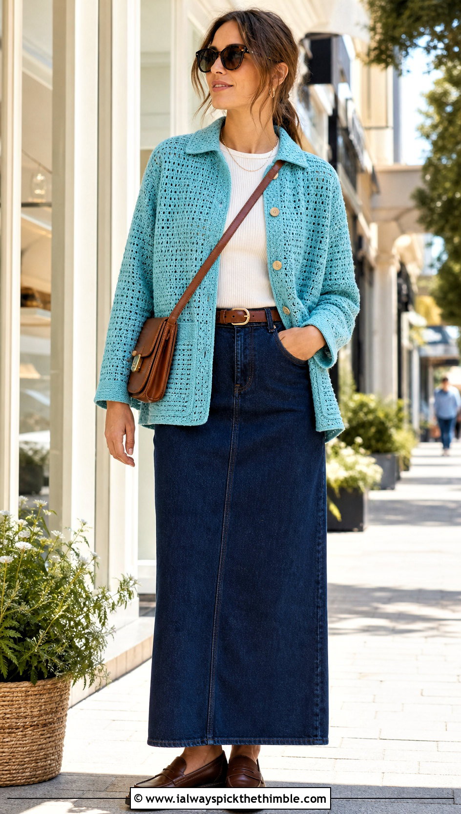 Crochet Chore Jacket With Denim Skirt - 25 crochet coats & jackets outfit ideas