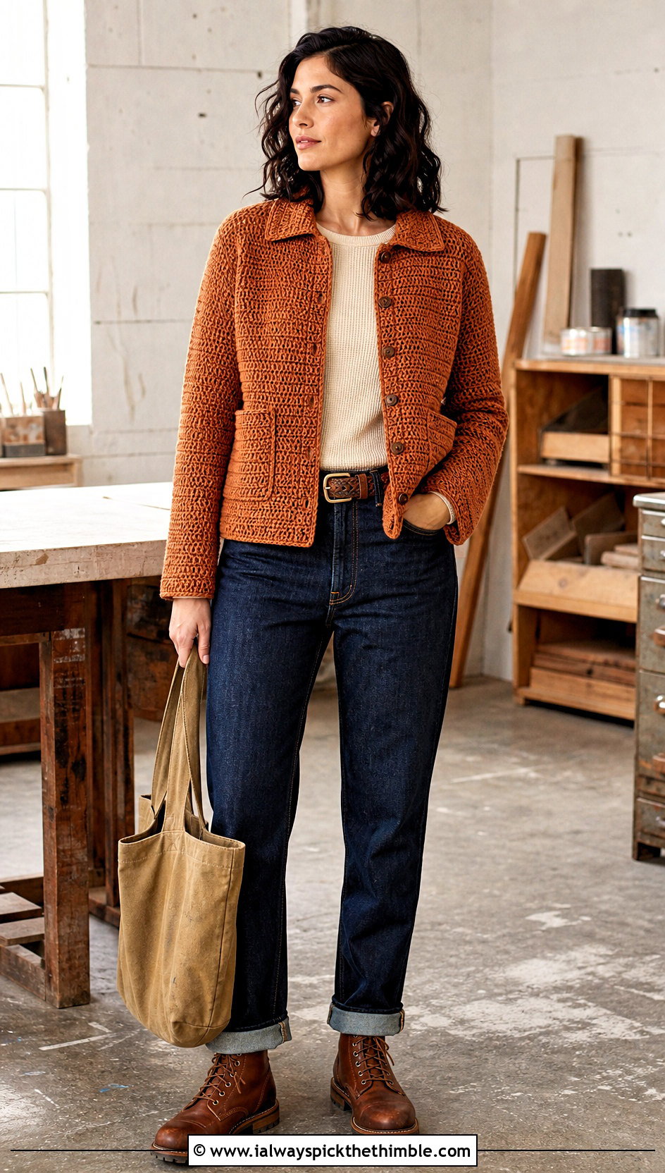 Crochet Chore Jacket With Raw Denim Jeans - 20 Masc Crochet Clothes and outfit ideas