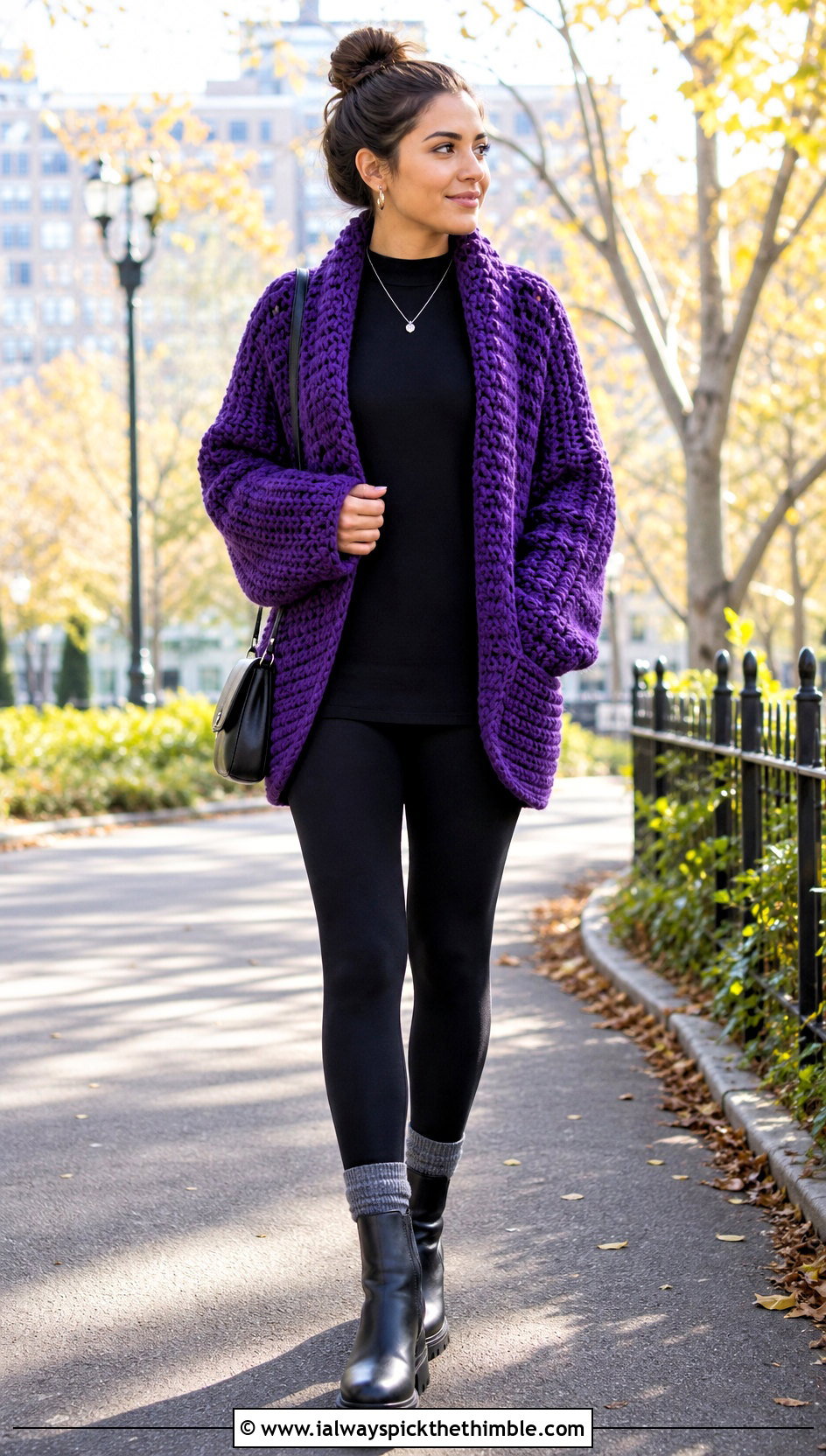 Crochet Chunky Cocoon Blanket Sweater With Black Leggings - 20 crochet sweater blanket outfit ideas