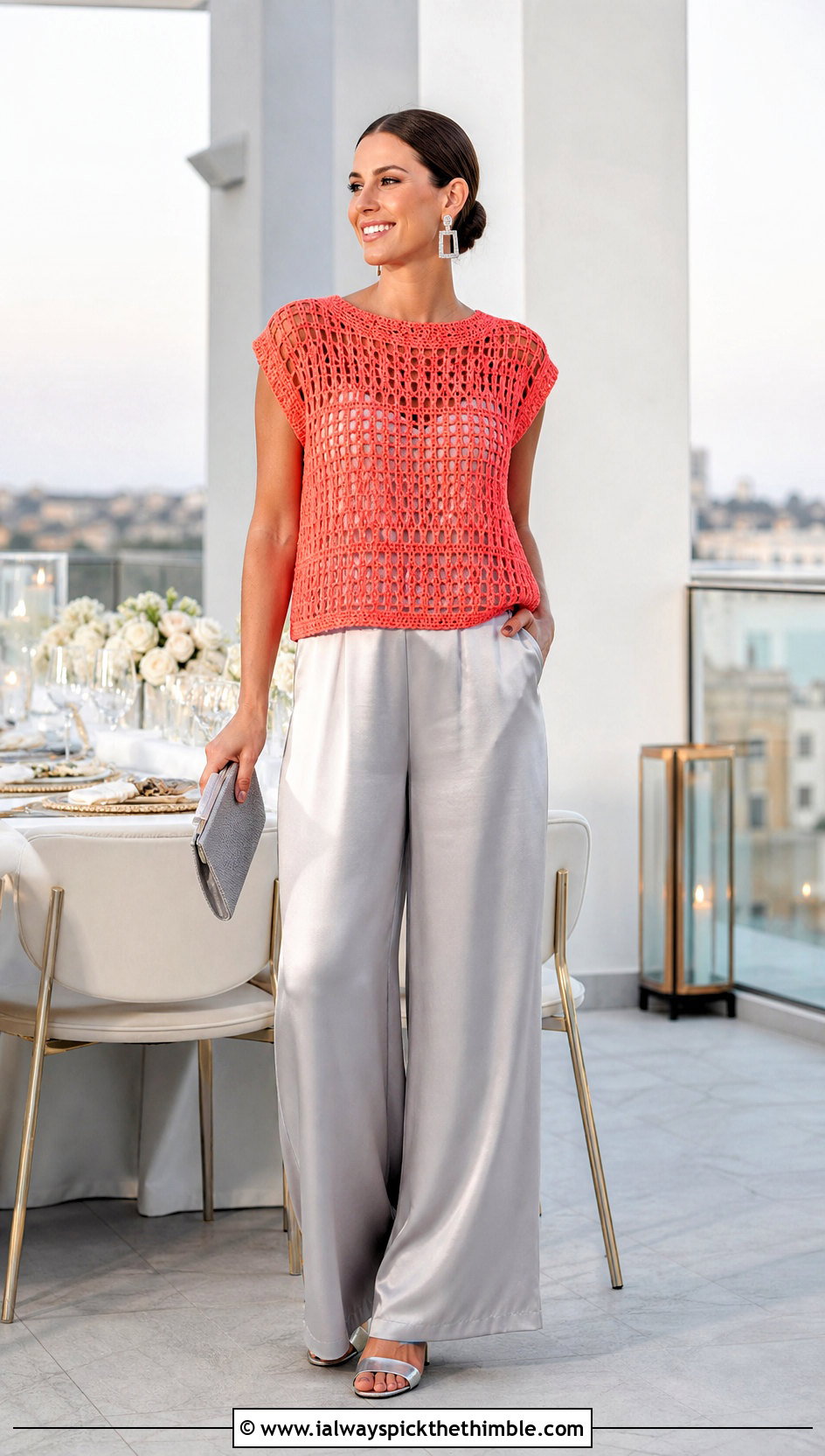 Crochet Cleopatra Top With Satin Wide Leg Pants - 15 Crochet Cleopatra Top outfit ideas