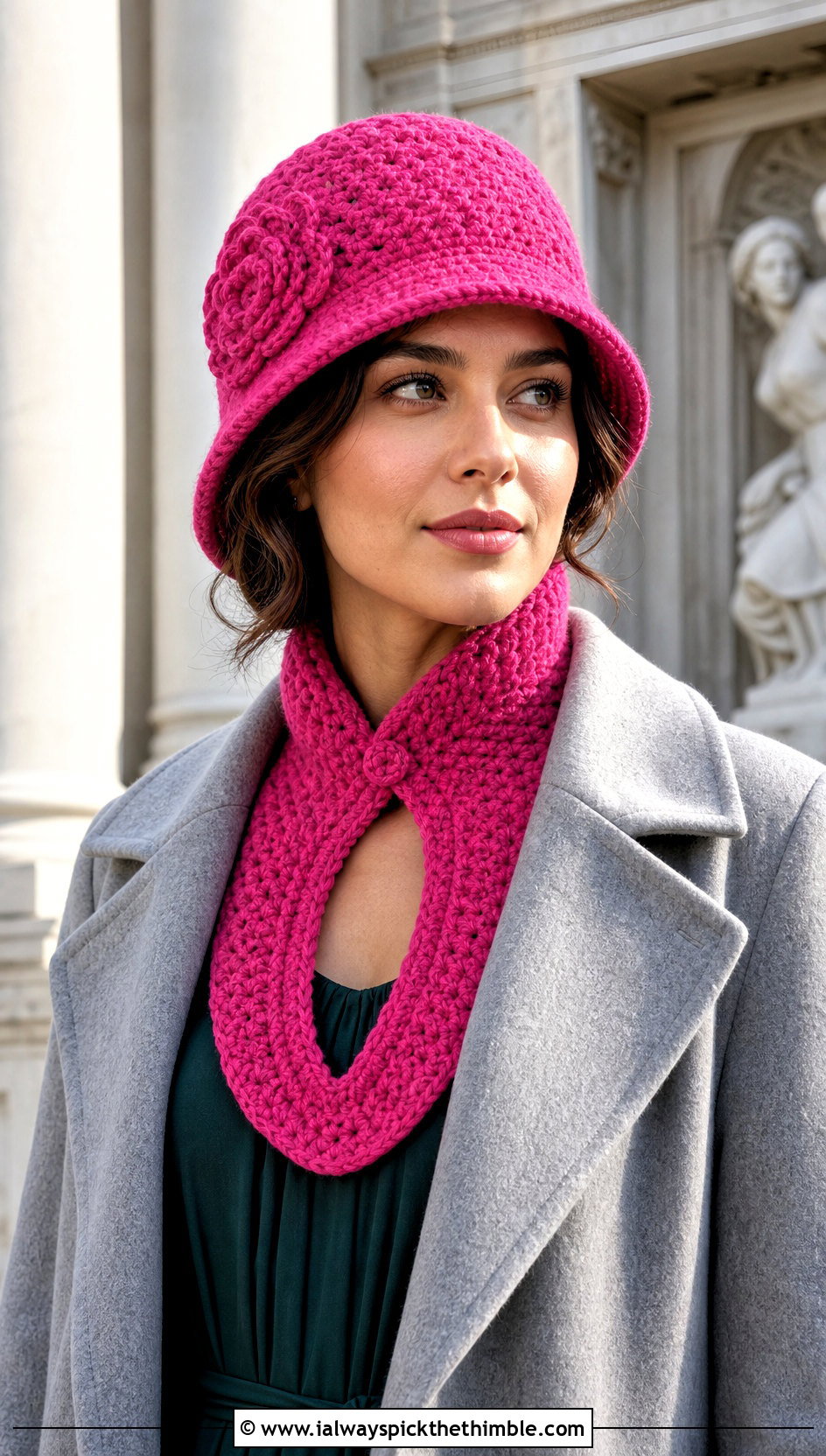 Crochet Cloche And Keyhole Scarf With Midi Dress - 20 crochet hat scarf outfit ideas