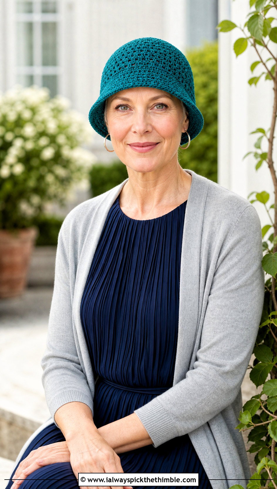 Crochet Cloche Chemo Cap With Pleated Midi Dress - 20 Crochet Summer Chemo Caps outfit ideas