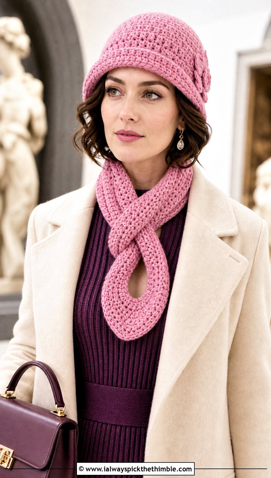 Crochet Cloche Hat And Keyhole Scarf With Knit Midi Dress - 20 crochet hat and scarf outfit ideas