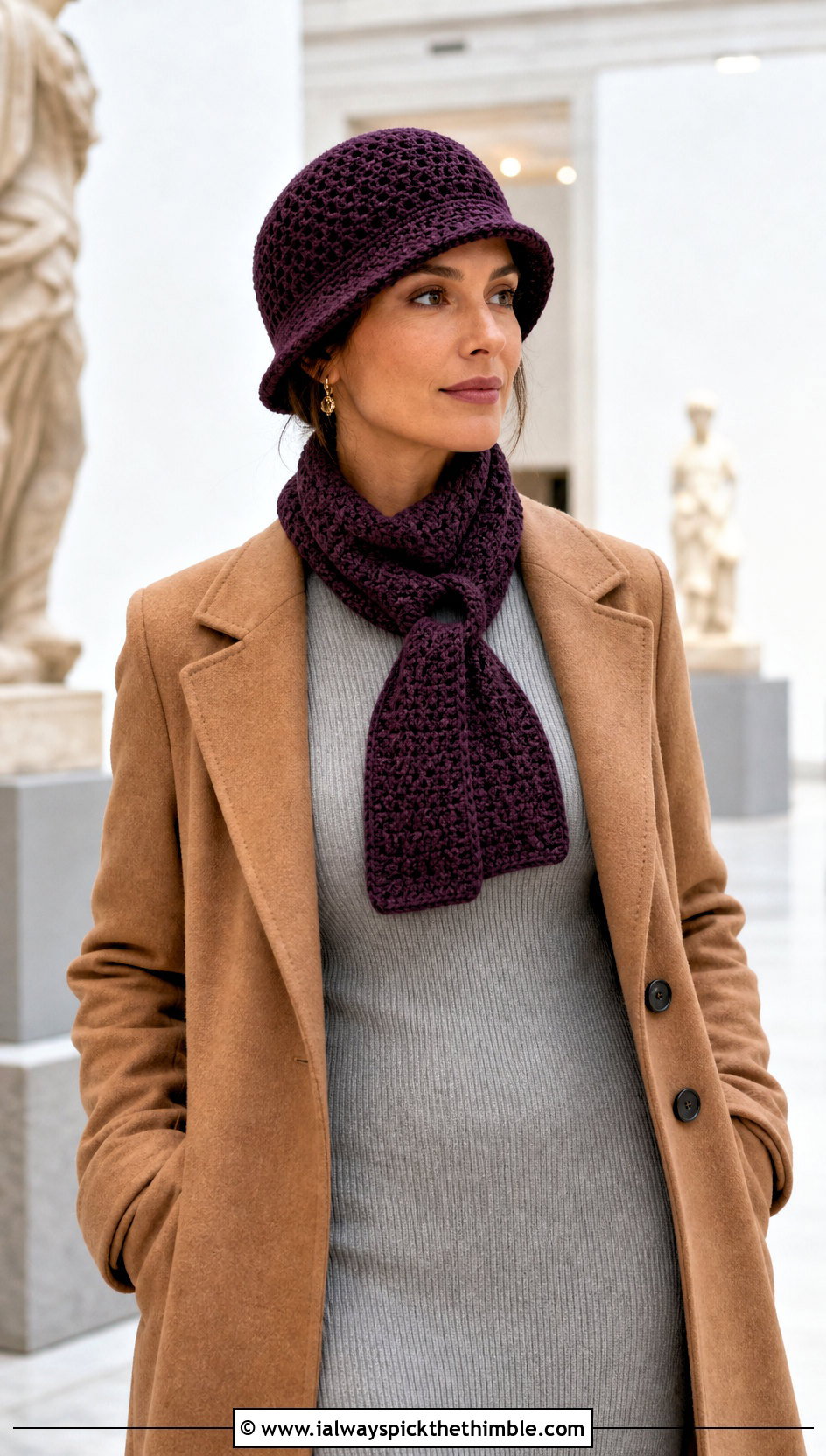 Crochet Cloche Hat And Keyhole Scarf With Midi Dress - 20 crochet scarf hat combo outfit ideas