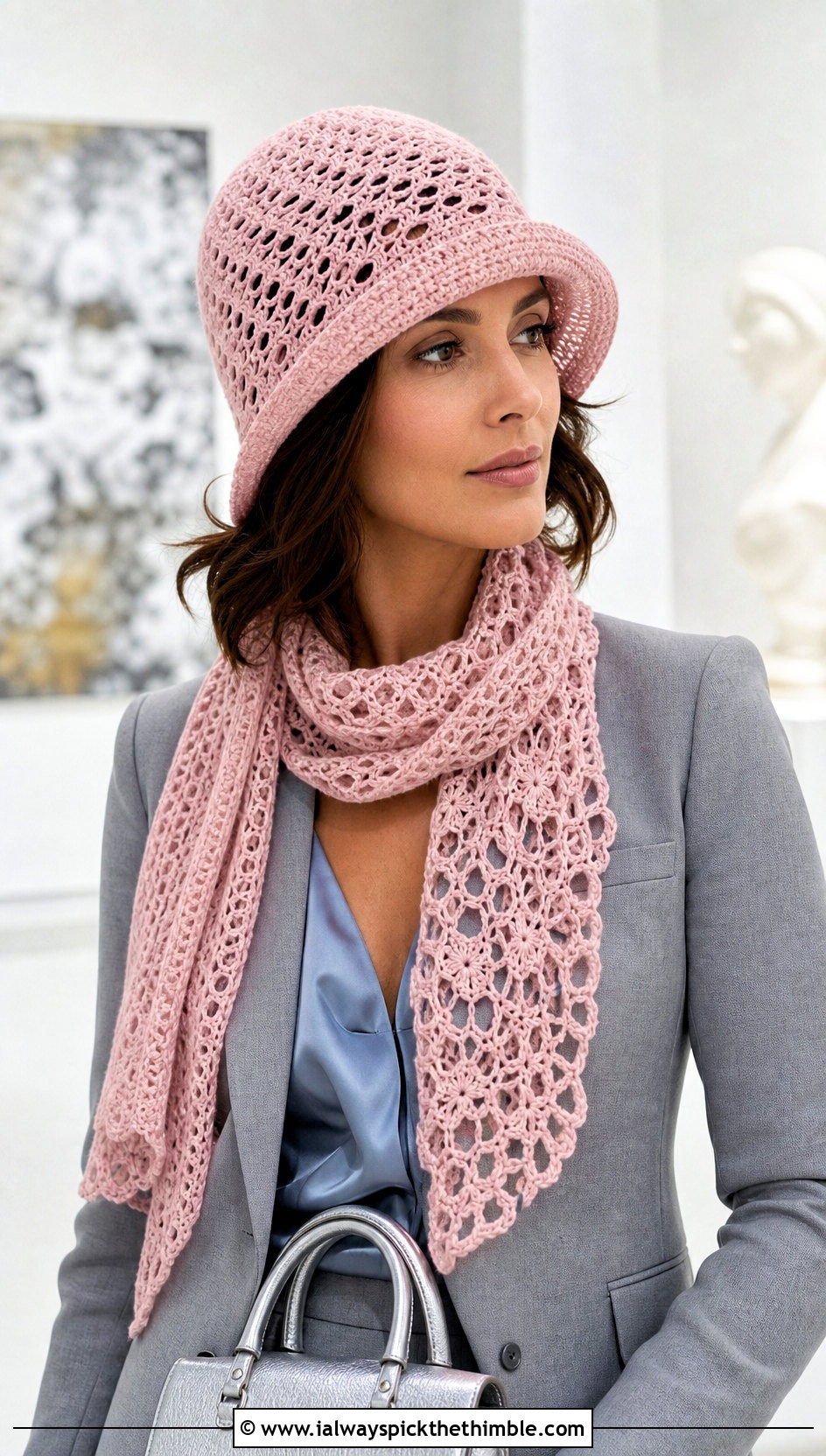 Crochet Cloche Hat And Lace Scarf With Blazer And Midi Skirt - 15 Easy Crochet Hat And Scarf Set outfit ideas