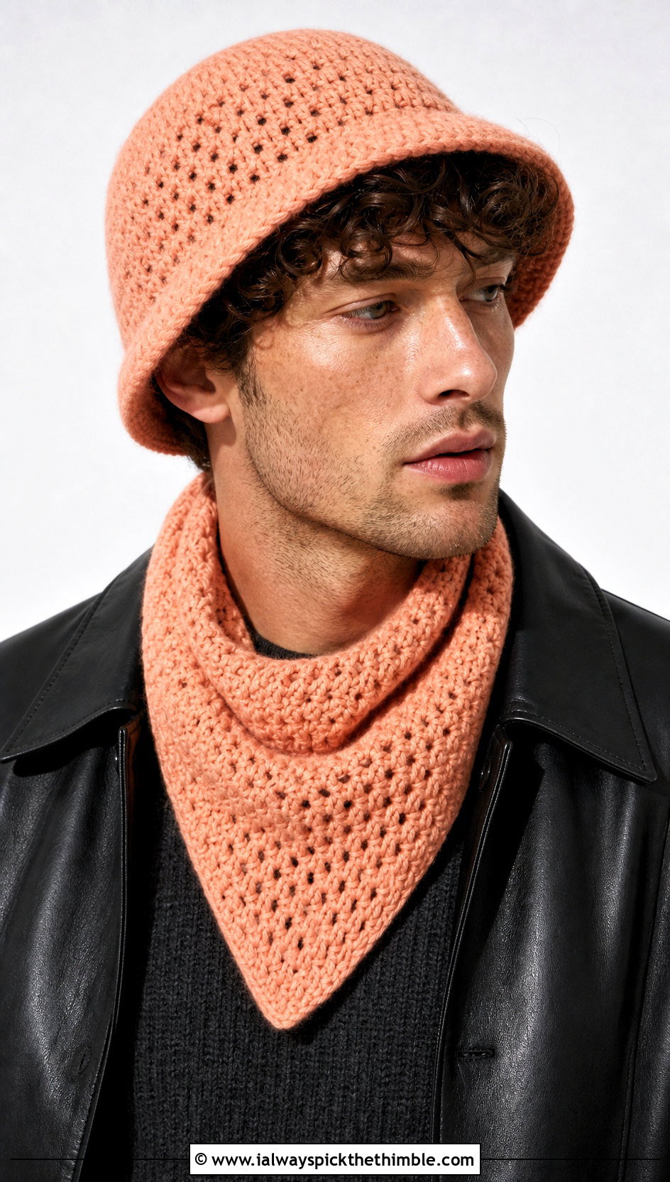 Crochet Cloche Hat And Triangle Scarf With Leather Jacket - 15 Mens Crochet Hat And Scarf outfit ideas
