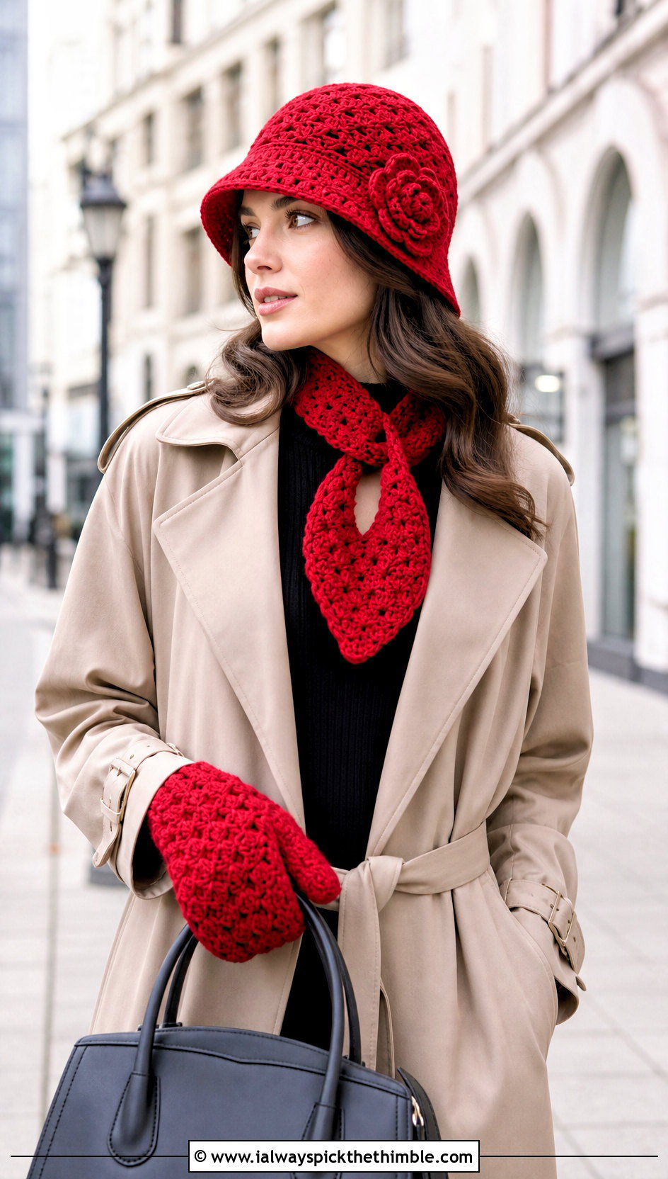 Crochet Cloche Hat Keyhole Scarf And Shell Stitch Mittens With Trench Coat - 20 Crochet Hat Mittens Scarf Set outfit ideas