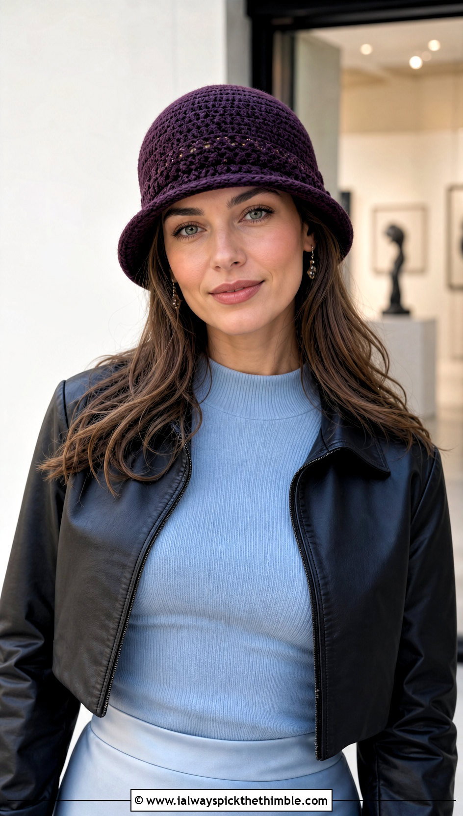 Crochet Cloche Hat With Leather Jacket And Midi Skirt - 25 fun crochet hats outfit ideas