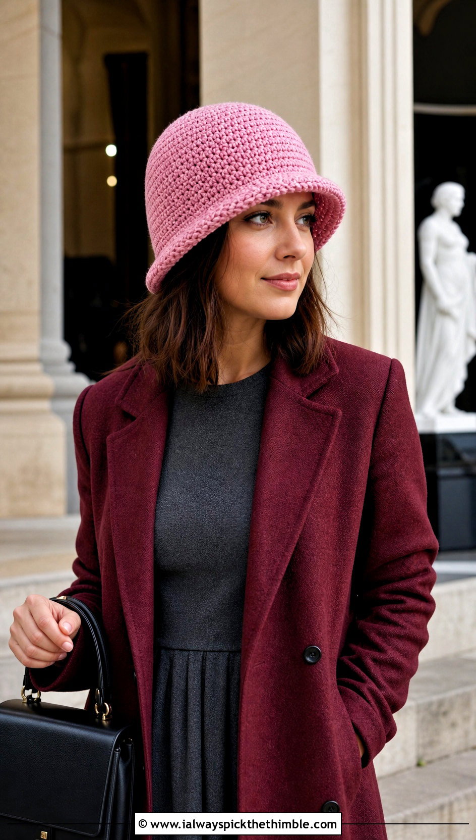 Crochet Cloche Hat With Midi Dress And Long Coat - 20 easy crochet winter hat outfit ideas