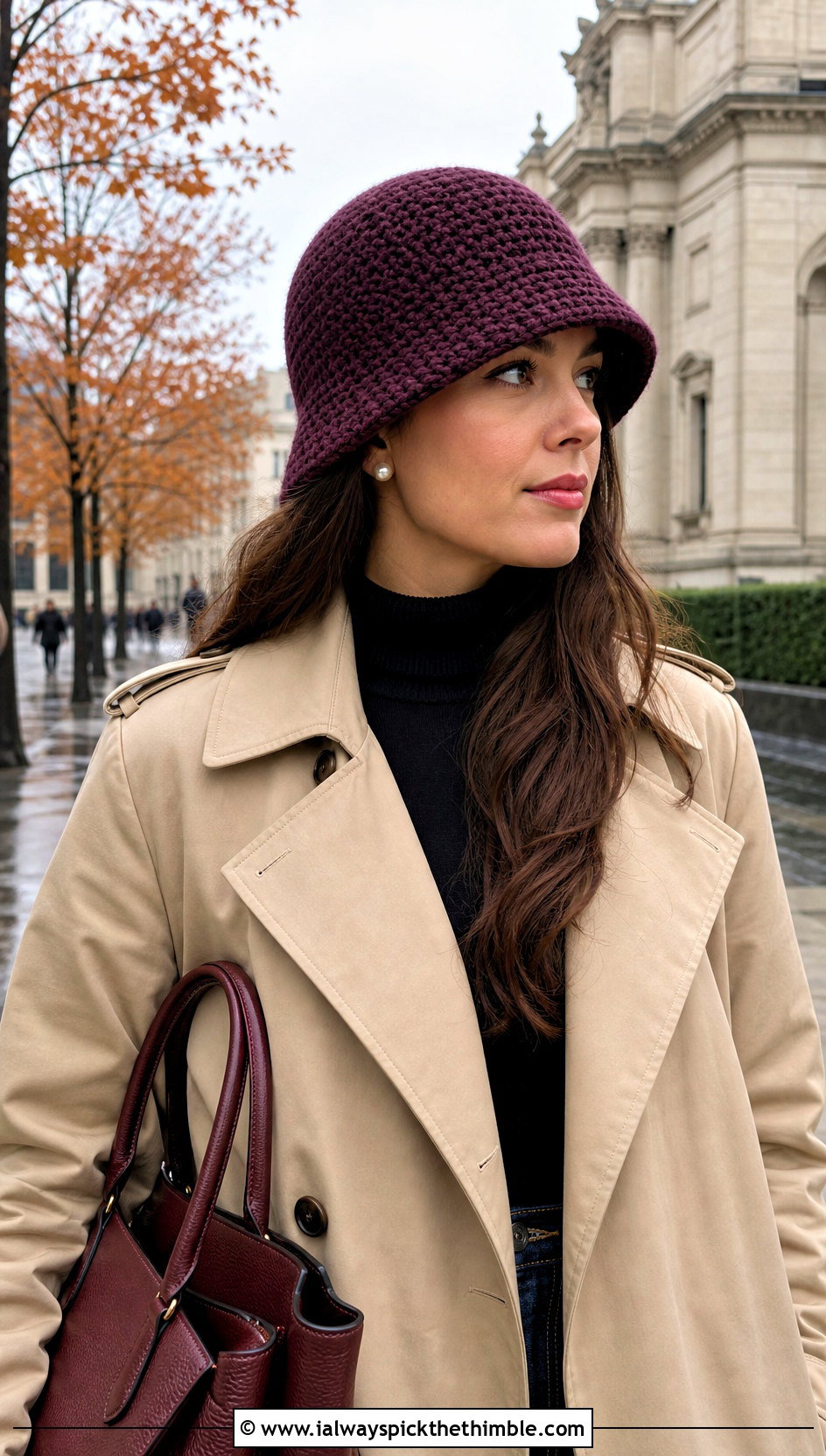 Crochet Cloche Hat With Trench Coat - 25 crochet hat for women outfit ideas
