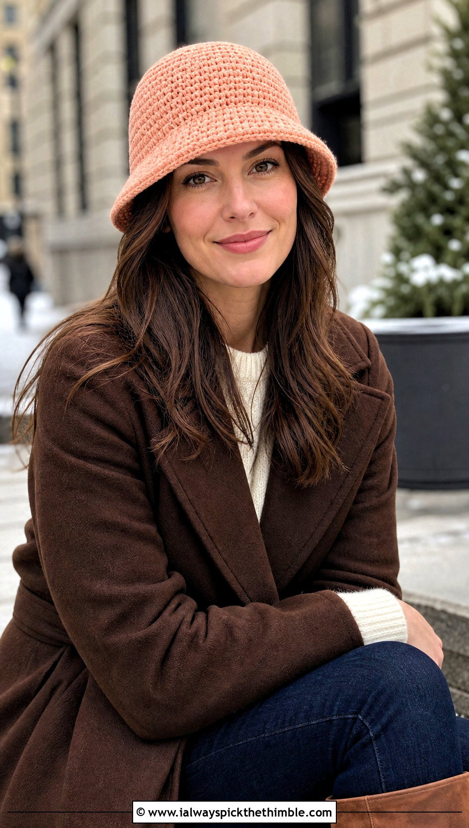 Crochet Cloche Hat With Wrap Coat And Wide Leg Jeans - 25 crochet winter hats outfit ideas