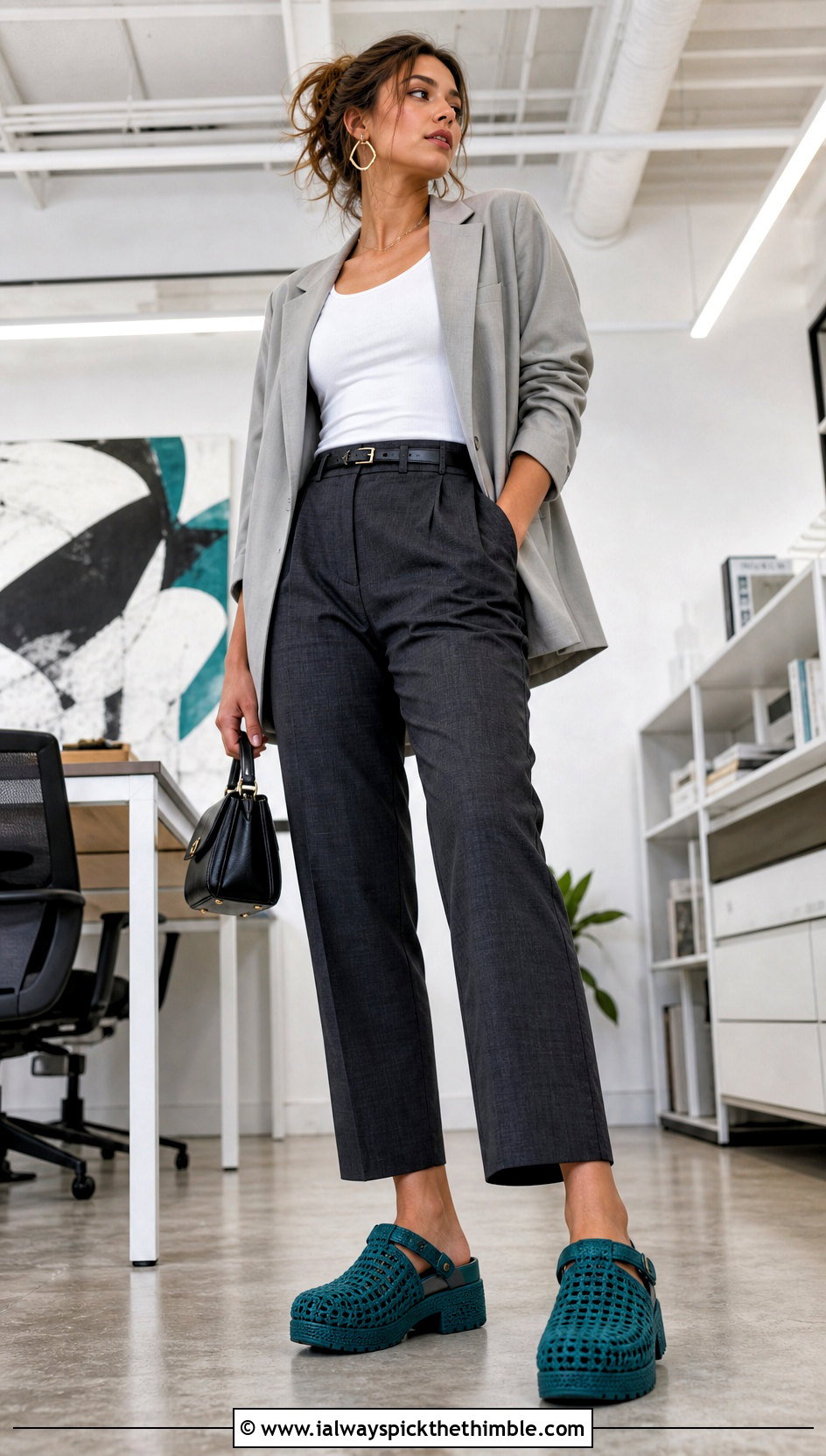 Crochet Clog Slippers With Tailored Trousers And Blazer - 25 crochet slipper outfit ideas