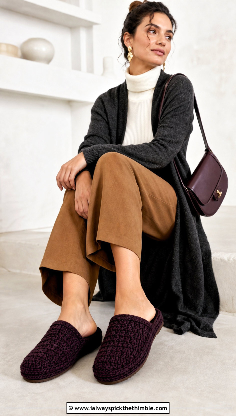 Crochet Clog Slippers With Wide Leg Pants And Turtleneck - 20 crochet winter slippers outfit ideas