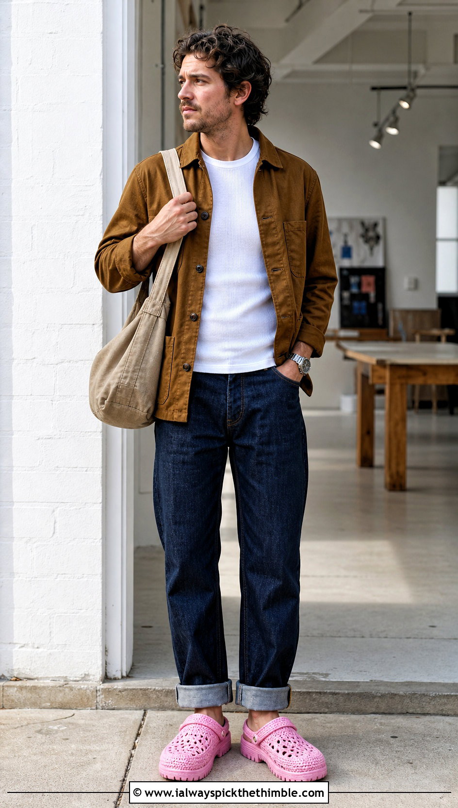 Crochet Clogs With Workwear Jacket And Jeans - 20 crochet shoes for men outfit ideas