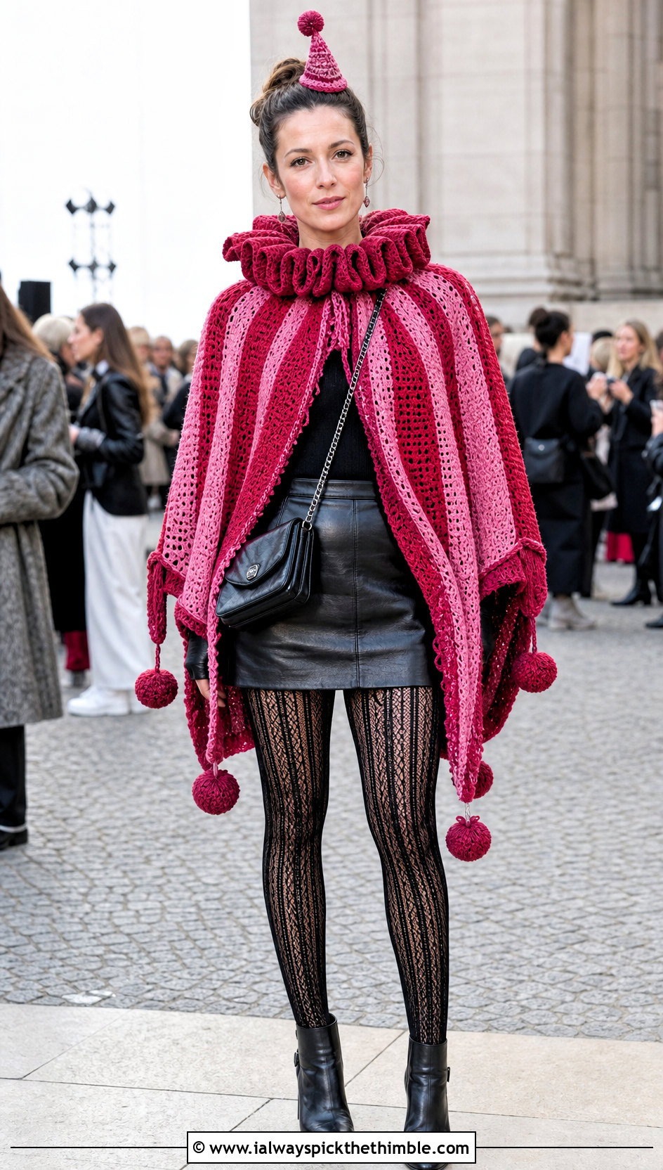 Crochet Clown Poncho With Leather Mini Skirt - 25 crochet clown costume outfit ideas