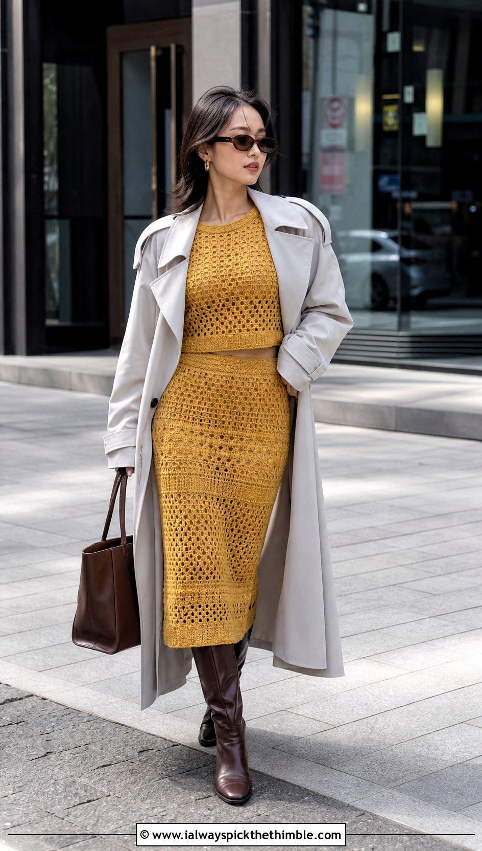 Crochet Co Ord Set With Oversized Trench Coat - 20 korean crochet outfits ideas