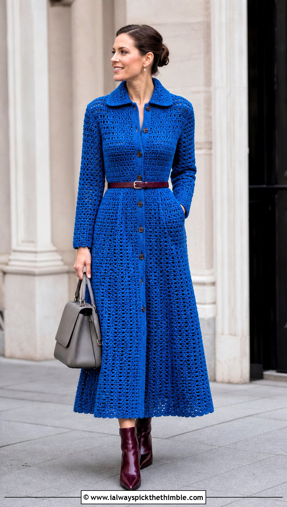 Crochet Coat Dress With Pointed Ankle Boots - 25 vintage crochet dress outfit ideas