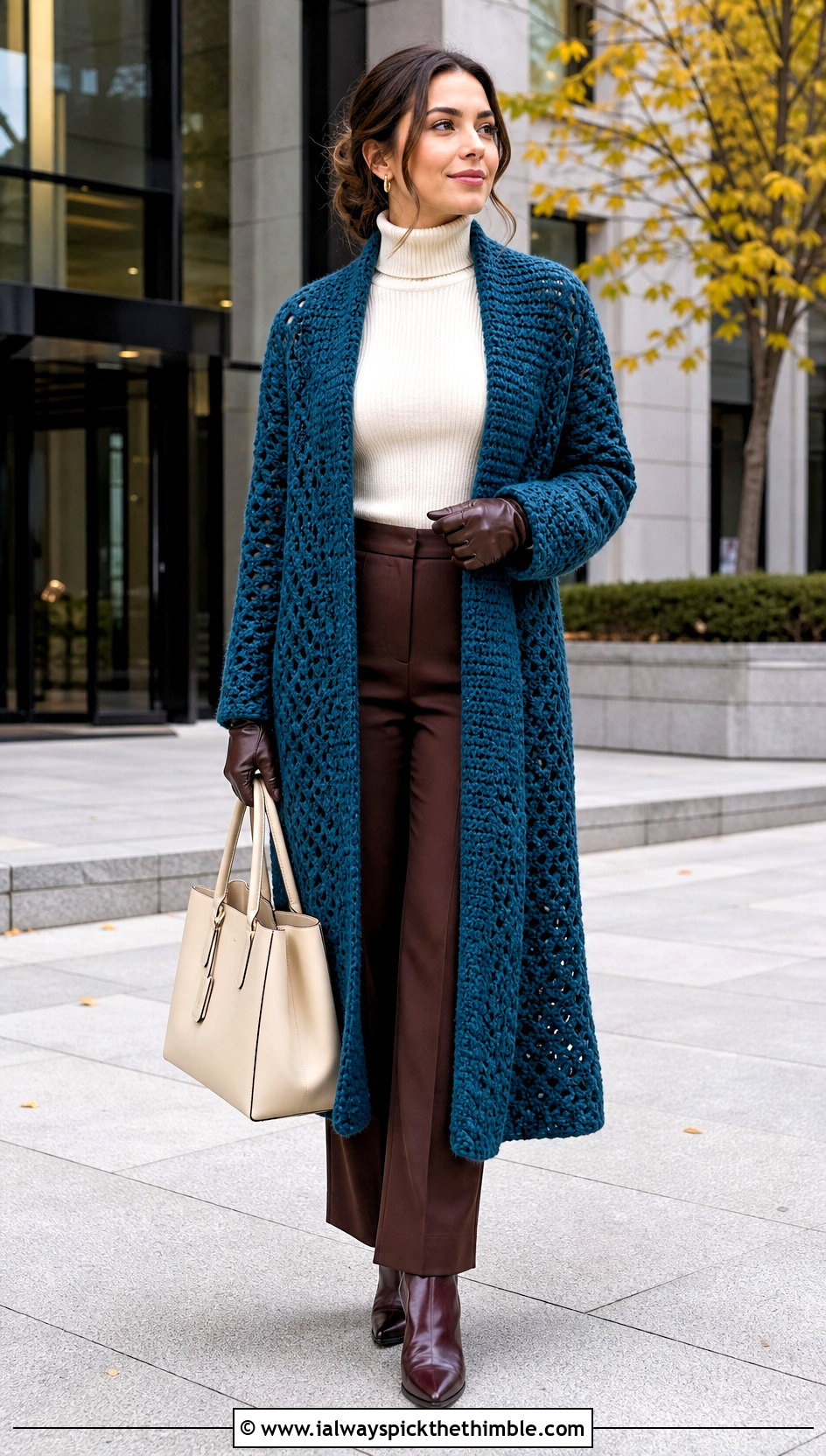 Crochet Coat With Turtleneck And Tailored Trousers - 25 cute crochet clothes ideas