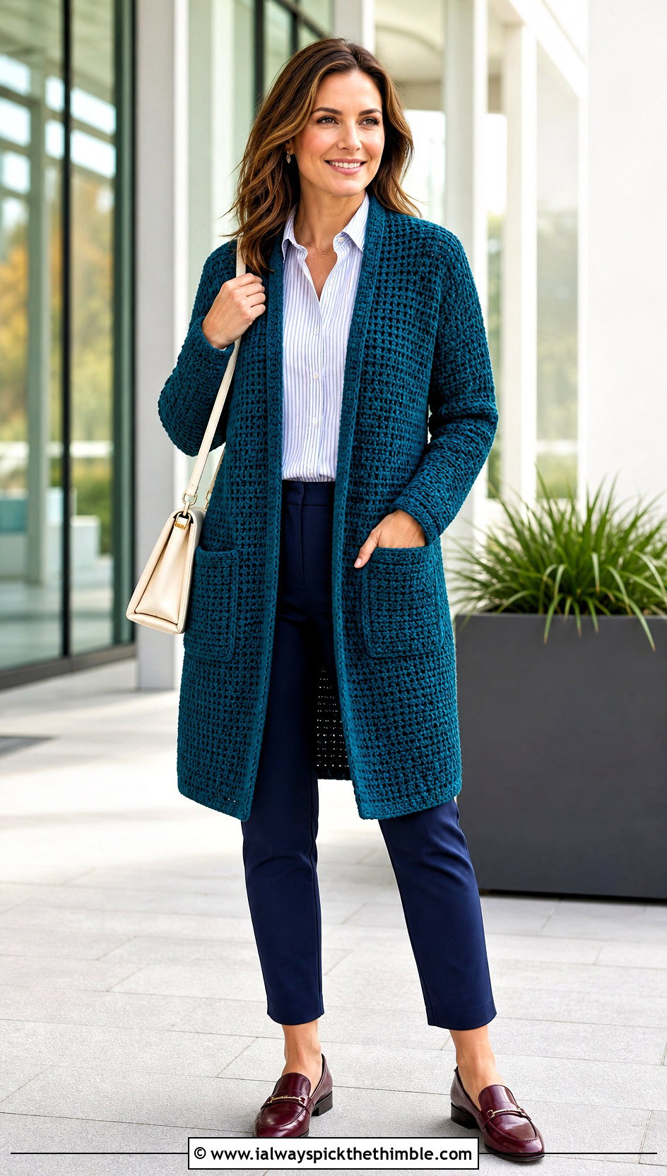 Crochet Coatigan With Button Down Shirt And Ankle Pants - 25 crochet coat outfit ideas