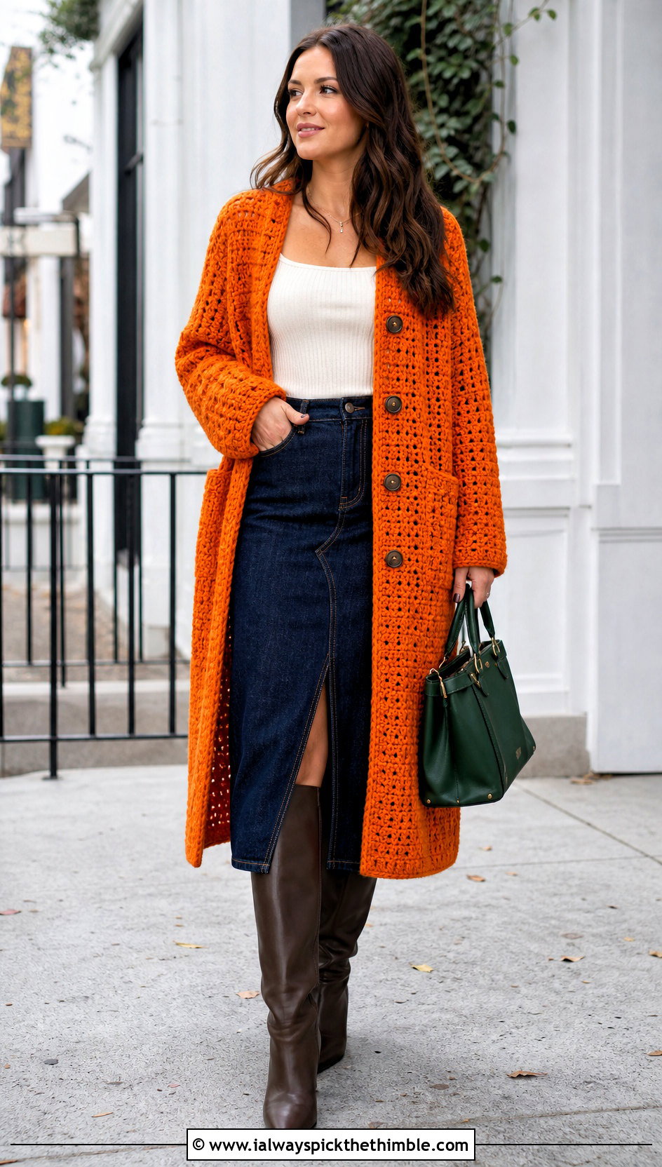 Crochet Coatigan With Denim Midi Skirt - 20 women crochet coat outfit ideas