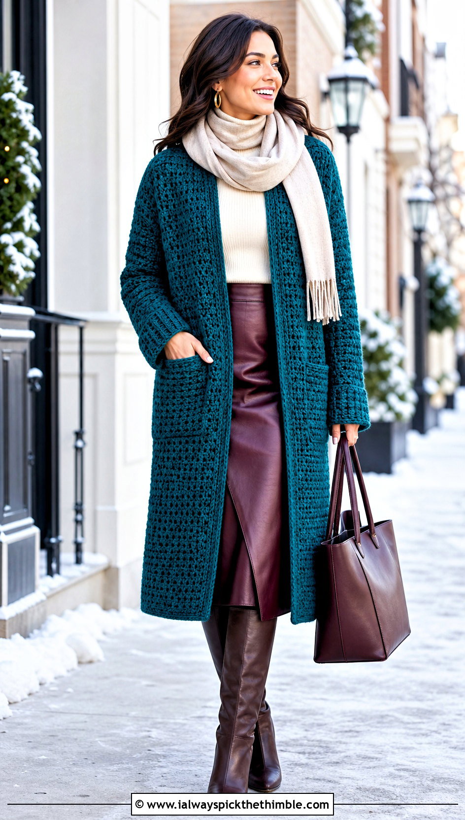 Crochet Coatigan With Faux Leather Midi Skirt - 25 crochet cardigan for women outfit ideas
