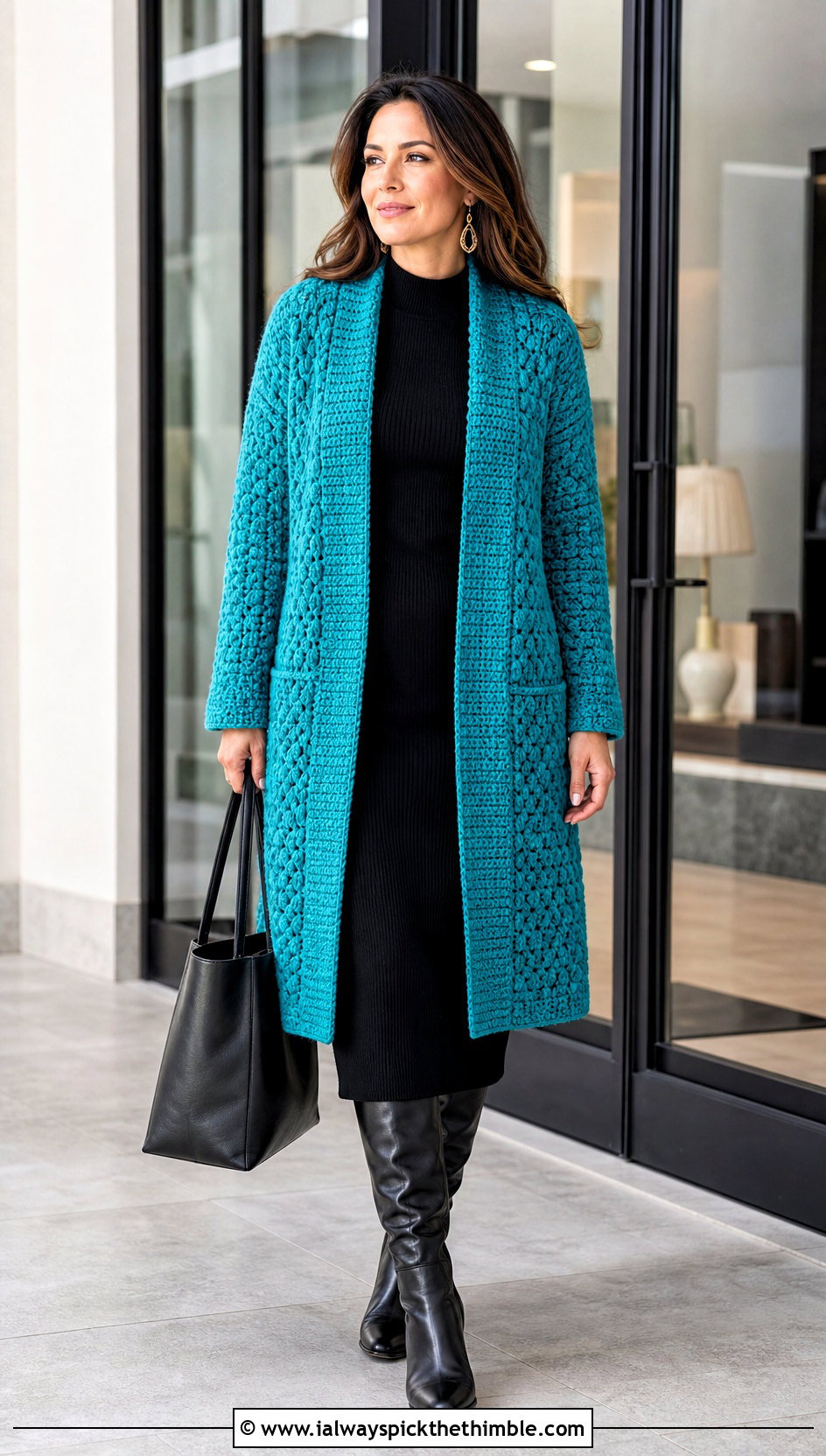 Crochet Coatigan With Knit Dress And Boots - 20 Crochet Professional Clothes and outfit ideas