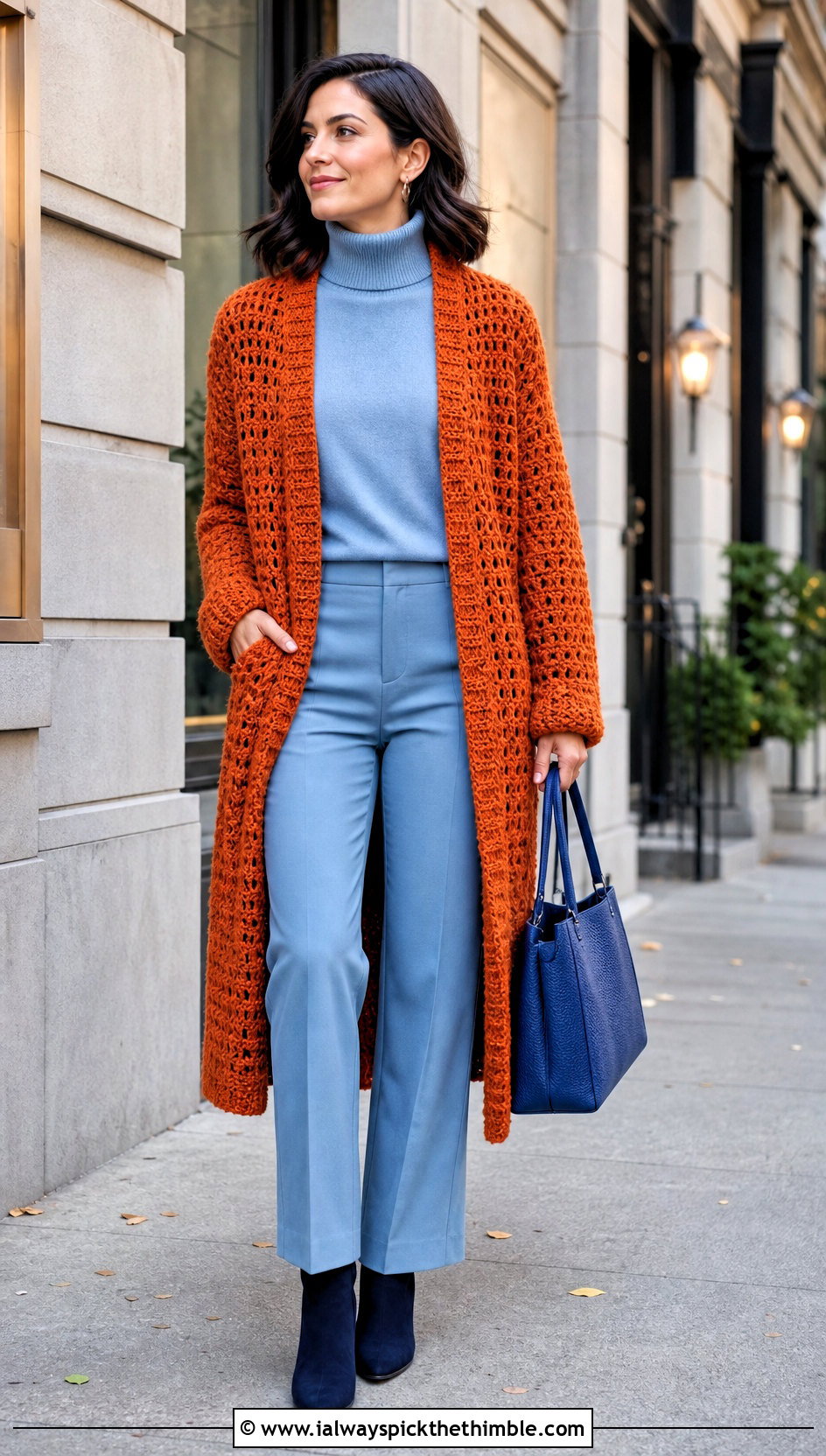 Crochet Coatigan With Monochrome Basics - 25 crocheted cardigan outfit ideas