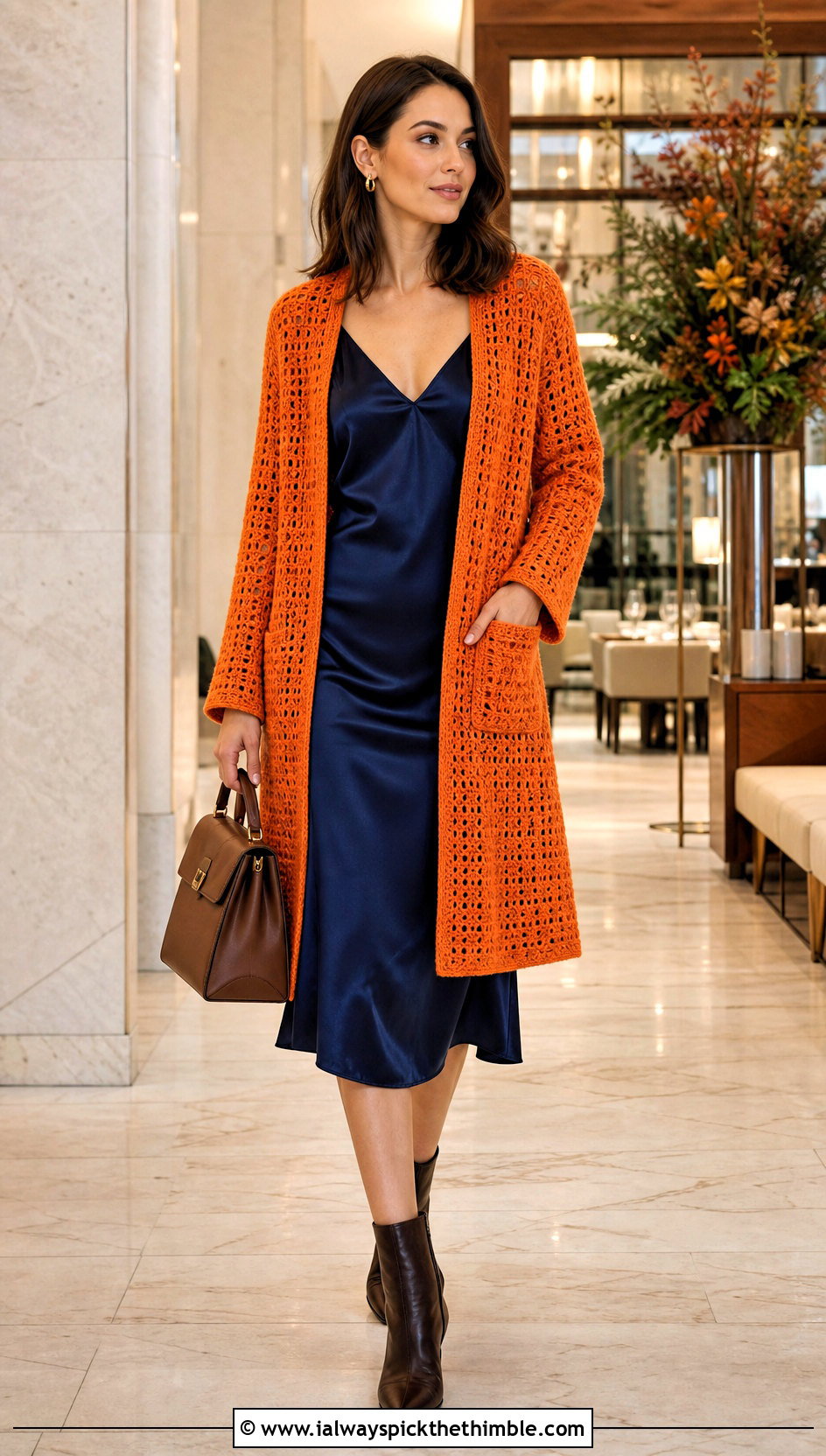 Crochet Coatigan With Slip Dress And Ankle Boots - 20 Fall Crochet Clothes Ideas