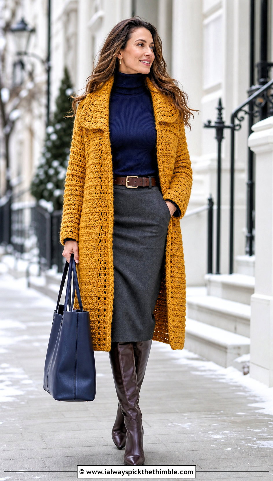 Crochet Coatigan With Turtleneck And Midi Skirt - 20 crochet for cardigans outfit ideas