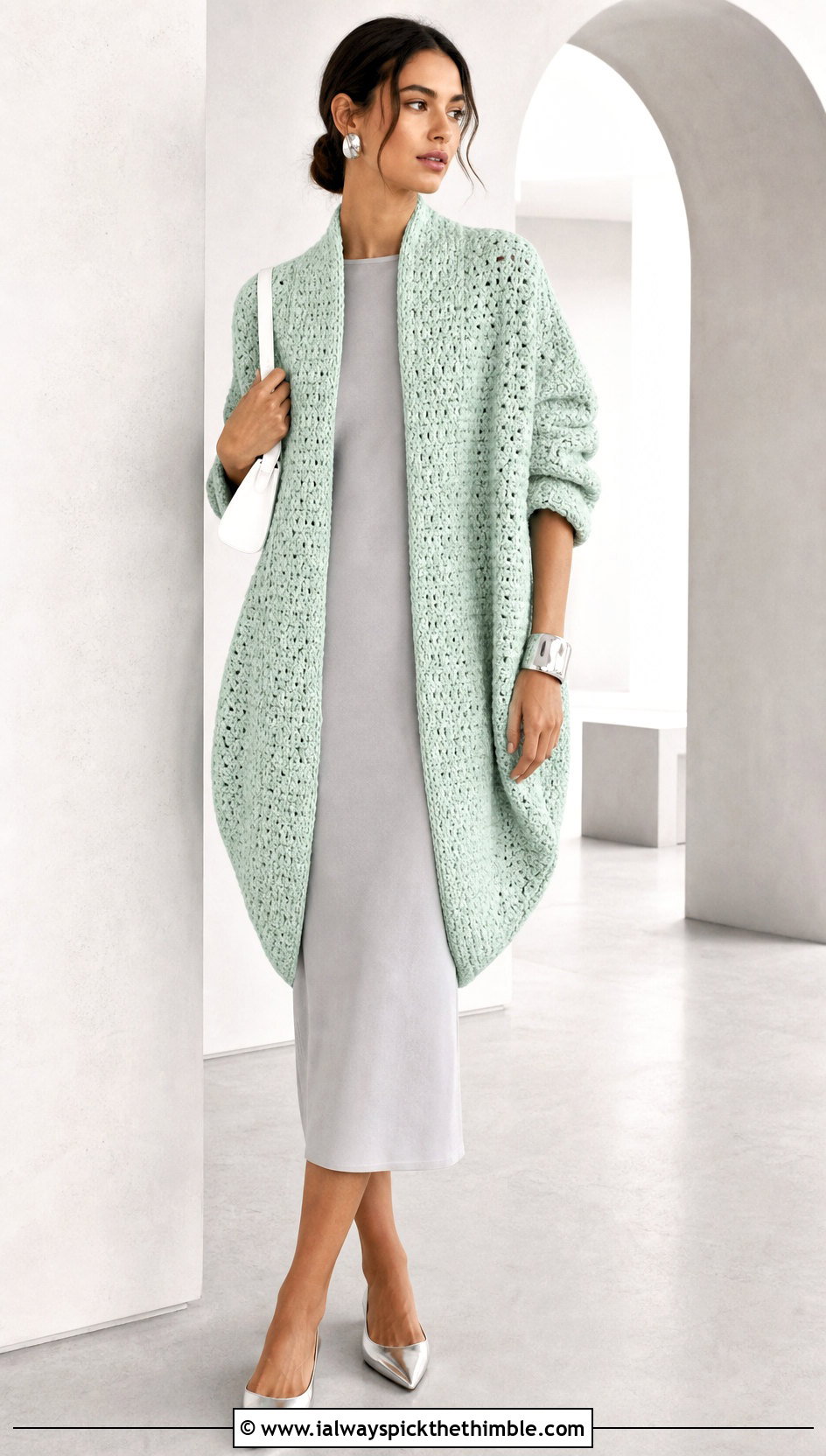 Crochet Cocoon Coat With Column Dress - 20 Crochet Coat For Women outfit ideas