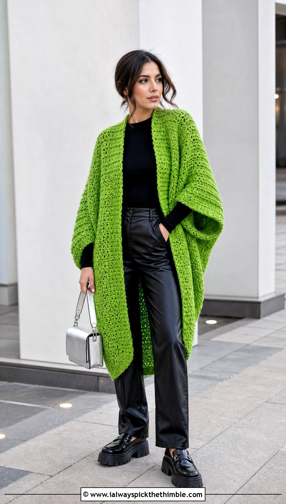 Crochet Cocoon Coat With Leather Pants - 20 women crochet coat outfit ideas