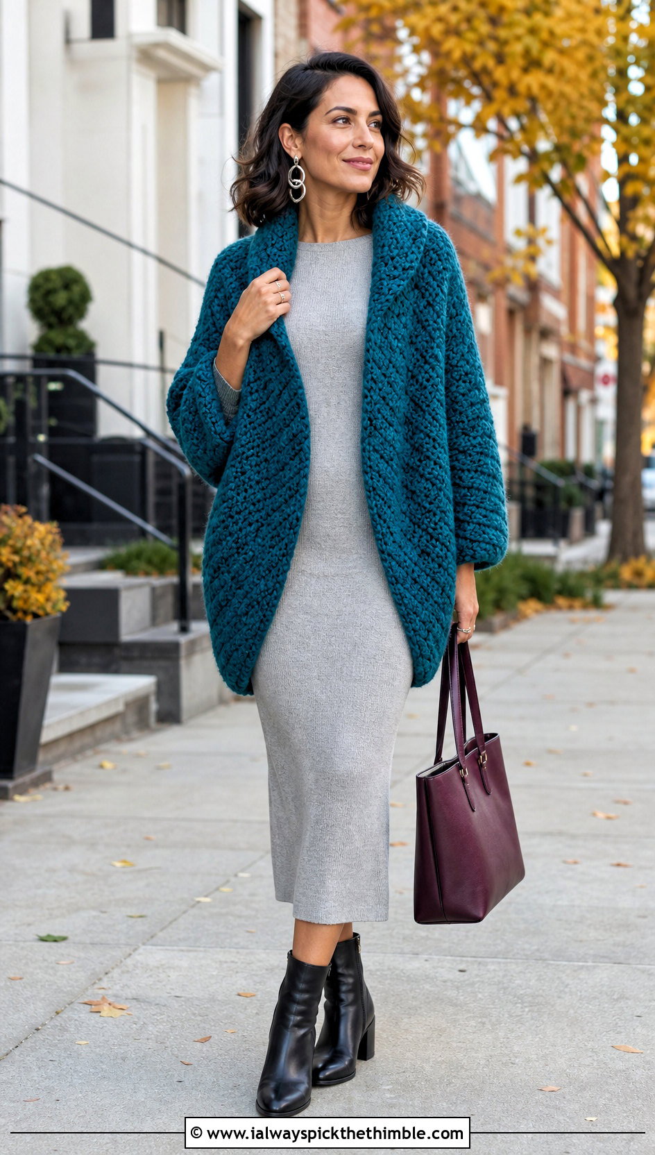 Crochet Cocoon Jacket With Knit Dress - 25 crocheted jacket outfit ideas