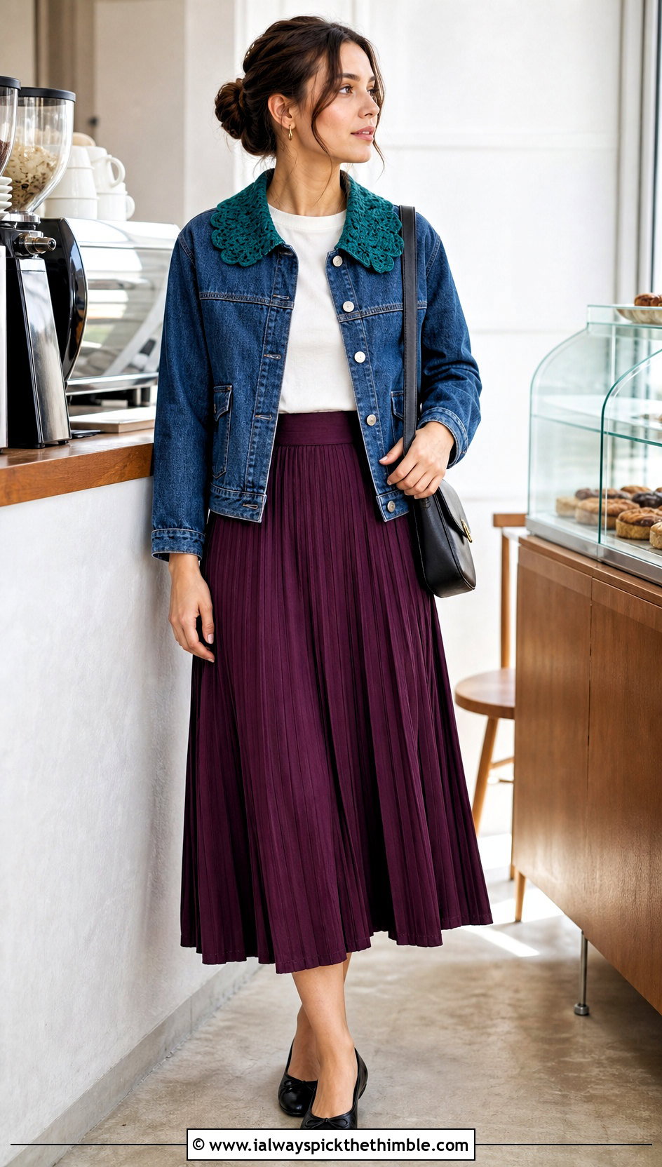 Crochet Collar Denim Jacket With Pleated Midi Skirt - 20 crochet denim jacket outfit ideas