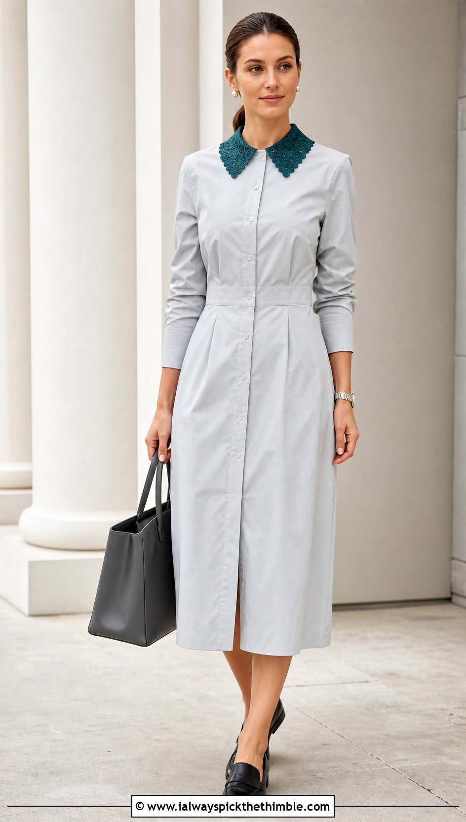 Crochet Collar Poplin Shirt Dress With Loafers - 20 crochet and fabric dress outfit ideas