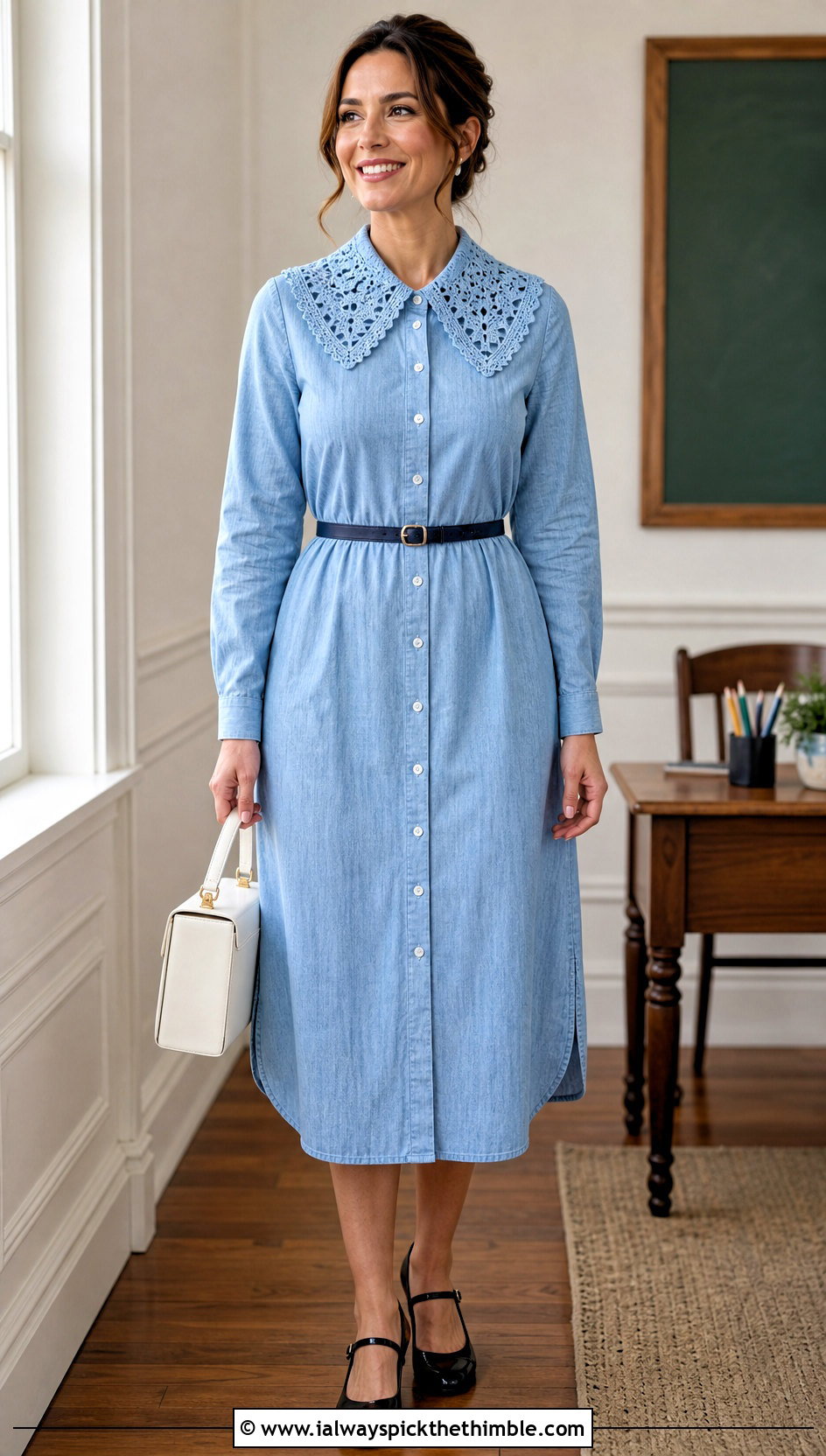 Crochet Collar Shirt Dress With Mary Jane Shoes - 15 Crochet Clothes With Fabric outfit ideas