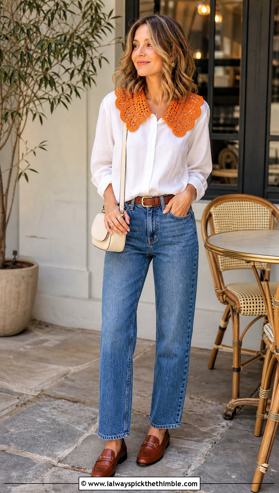 Crochet Collar Upcycled Shirt With Straight Leg Jeans - 20 Upcycle Shirt With Crochet outfit ideas